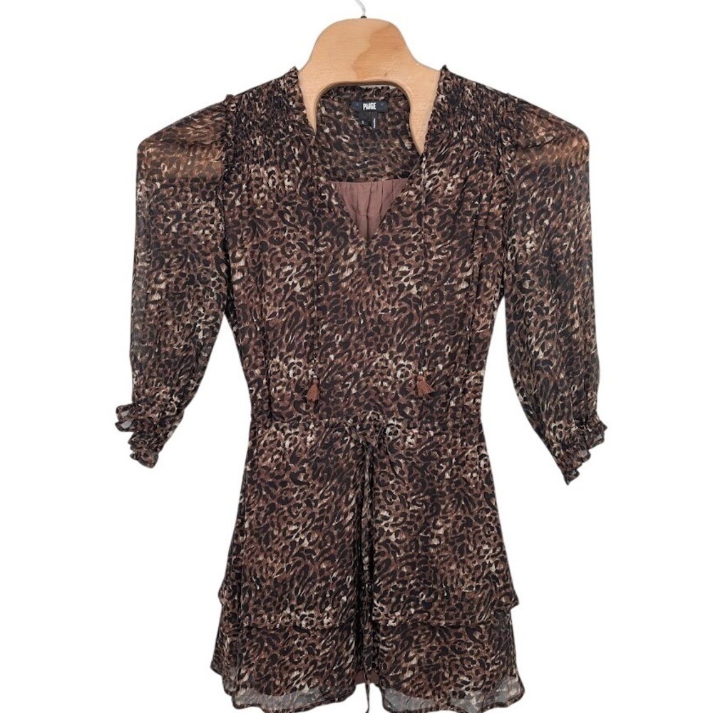 Paige Kaylene Silk Leopard Print Mini Dress Brown Ruched Puff Sleeve‎ Sz S